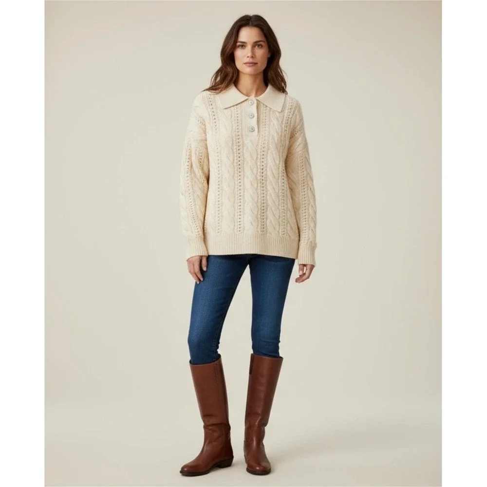 Cleo XXL Cream Cable Knit Collared Sweater with Rhinestone Buttons - Picture 2 of 9